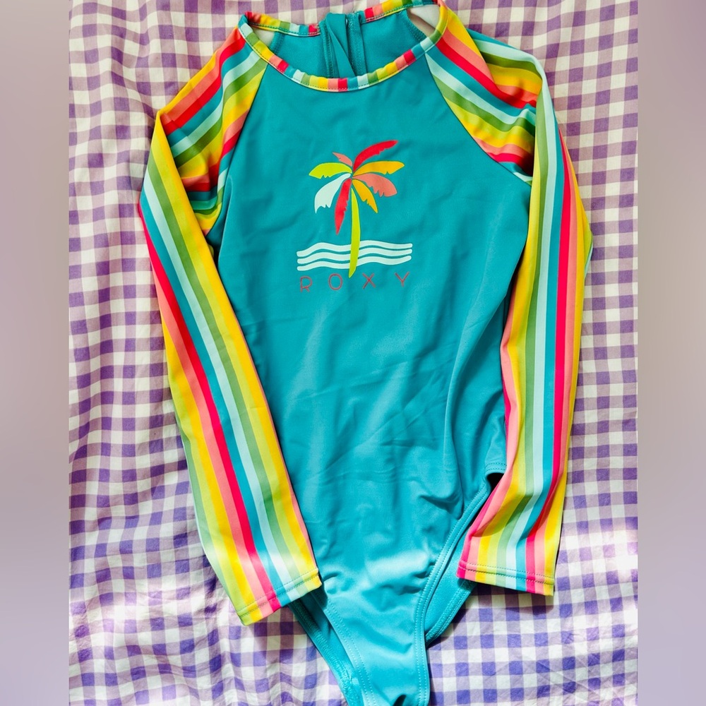 Roxy Maui Blue and rainbow girls Rashguard Swimsuit size 6